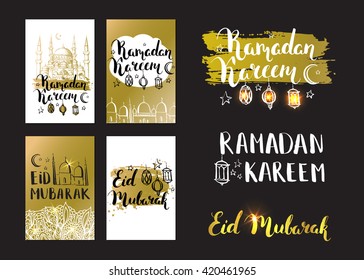 Set of greeting card. Islamic golden vector background. Modern calligraphy. Brush lettering. Mosque, arabic lanterns and ink inscription Ramadan Kareem and Eid Mubarak.