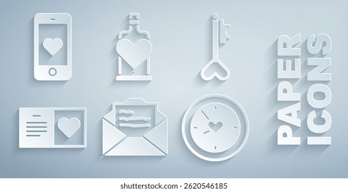 Set Greeting card, Key heart shape, Valentines day party flyer, Clock with, Bottle love potion and Mobile icon. Vector