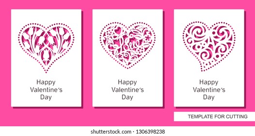 Juego de tarjetas de felicitación con corazones lacados con flores, rizos, mariposas y la palabra "Amor". Regalo por San Valentín, Día de la Madre o boda. Objetos blancos en un fondo rosa. Plantilla para corte por láser.