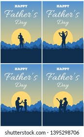 Set of greeting card with lettering Happy Father's Day and silhouette of father and son on background of adventure landscape with mountains, forest, sun and sky. Dad and child in nature at sunset.