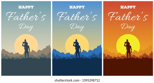 Set of greeting card with lettering Happy Father's Day and silhouette of father and son on background of adventure landscape with mountains, forest, sun and sky. Dad and child in nature at sunset.