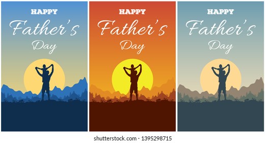 Set of greeting card with lettering Happy Father's Day and silhouette of father and son on background of adventure landscape with mountains, forest, sun and sky. Dad and child in nature at sunset.