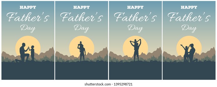 Set of greeting card with lettering Happy Father's Day and silhouette of father and son on background of adventure landscape with mountains, forest, sun and sky. Dad and child in nature at sunset.