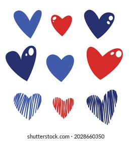Set of greeting card with lettering Happy Father's Day and cute hand drawing hearts shape. Greetings and presents for Father's Day. Bright red and deep blue colors.