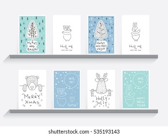 Set Greeting card with lettering, wishes, holiday Christmas or New Year. Christmas, lettering written underneath drawn cartoon animals