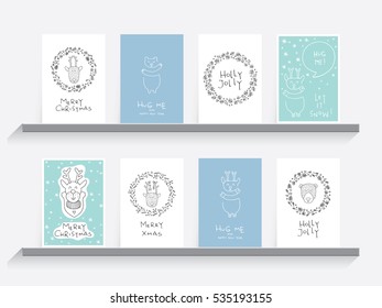 Set Greeting card with lettering, wishes, holiday Christmas or New Year. Christmas, lettering written underneath drawn cartoon animals