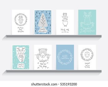 Set Greeting card with lettering, wishes, holiday Christmas or New Year. Christmas, lettering written underneath drawn cartoon animals