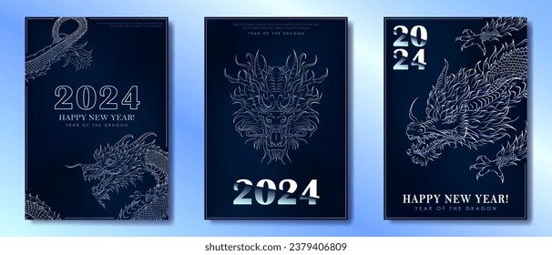 Set of greeting card with linear hand drawn Asian dragon as a symbol of 2024 New Year. Dragon as Chinese traditional horoscope sign on dark blue background. Minimalist A4 poster for Christmas holiday