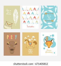 Set of greeting card in little indian style for babies birthday party