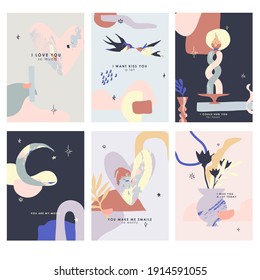 Set of greeting card in modern style. Colorful splash and shapes. Love and peace signs