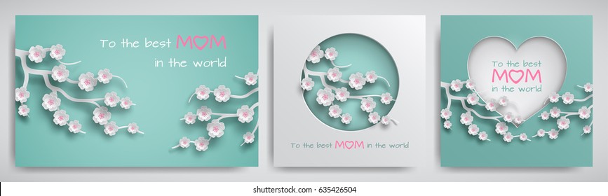 Set of greeting card for mother's day with congratulation text. Cuted paper circle and heart decorated branch of cherry flowers, green background, paper cut style. Vector illustration, layers isolated