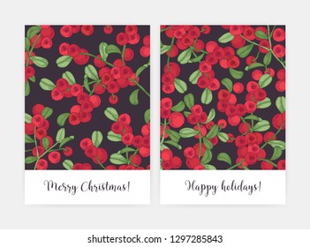 Set of greeting card or postcard templates decorated with lingonberry sprigs hand drawn on black background. Bundle of holiday flyers with ripe boreal berries and leaves. Natural vector illustration.