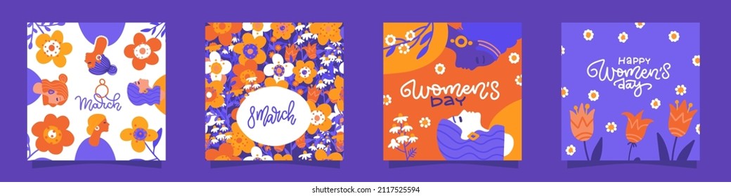 Set of greeting card or postcard templates with flower and female feminism activists and Happy Women's Day wish texts. Modern festive flat vector illustration for 8 March celebration.