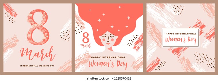 Set of greeting card/ poster / flyer / banner / invitation for international women's day (8 march) in coral color of the year. Abstract brush style, memphis concept, elegant and sophisticated design.