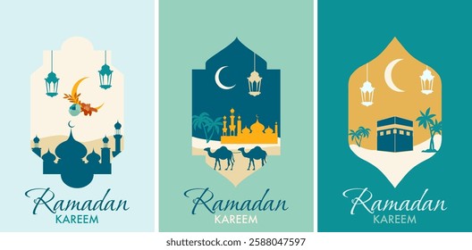 Set of Greeting card Ramadan Kareem with Islamic window in boho style and modern design. Frame with arabic muslim landscape for Ramadan Kareem and Ied Mubarak.