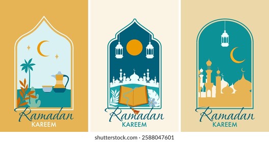 Set of Greeting card Ramadan Kareem with Islamic window in boho style and modern design. Frame with arabic muslim landscape for Ramadan Kareem and Ied Mubarak.