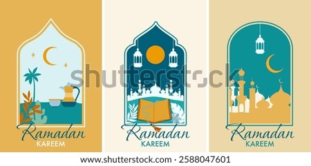 Set of Greeting card Ramadan Kareem with Islamic window in boho style and modern design. Frame with arabic muslim landscape for Ramadan Kareem and Ied Mubarak.