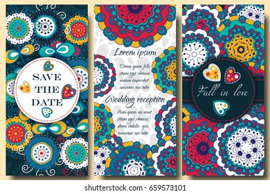Set greeting card. Save the date. Decorated with multicolored doodles of flowers, Hearts and leaves. 