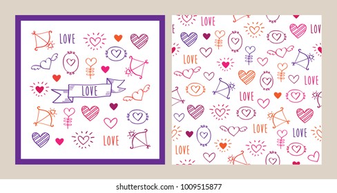 Set of greeting card and seamless pattern with hand drawn elements for Valentine's Day, mother's day, birthday, wedding. Vector.