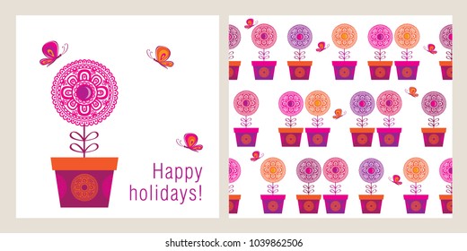 Set of greeting card and seamless pattern with spring flowers for March 8, Valentine's Day, Mother's Day, birthday, wedding. Floral elements for your design. Vector illustration.