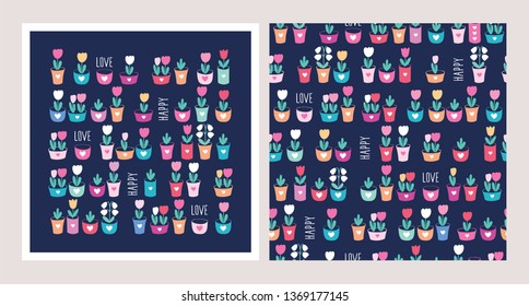 Set of greeting card and seamless pattern with cute flowers. Floral elements for gift wrap, textile, wallpapers, and scrapbook. Vector.