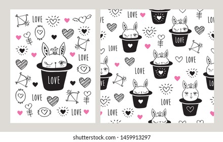 Set of greeting card and seamless pattern with cute rabbits in a black hats and hearts for textile, wallpapers, gift wrap and scrapbook. Elements for Valentine's Day, birthday, wedding. Vector.