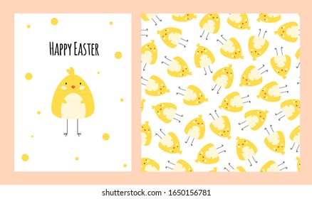 Set of greeting card and seamless pattern with cute chicken. Greeting card for Easter and pattern for wrapping, wallpaper or textile. Vector illustration.