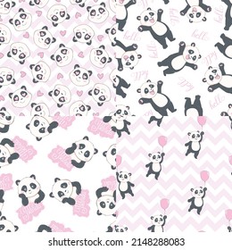 Set of greeting card and seamless pattern with hand drawn cute pandas and hearts for Valentine's Day, Mother's Day, Father's Day, birthday, wedding. Vector.