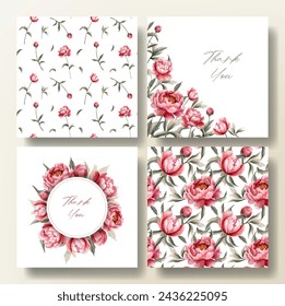 Set von Grußkarten und nahtlose Muster mit Aquarell Pfingstrosen, Hochzeitseinladung. Pfingstrosengestell. 
