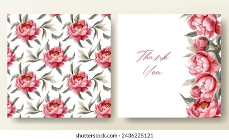Set of greeting card and seamless pattern with watercolor peonies, wedding invitation. Peony frame