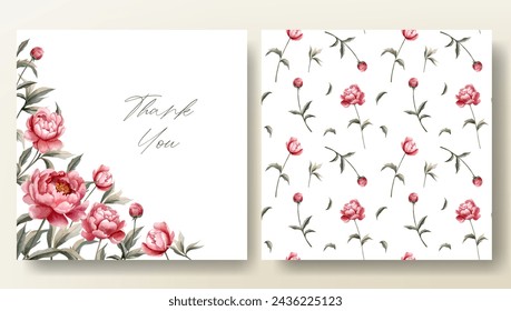 Set of greeting card and seamless pattern with watercolor peonies, wedding invitation. Peony frame. 