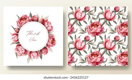 Set of greeting card and seamless pattern with watercolor peonies, wedding invitation. Peony frame