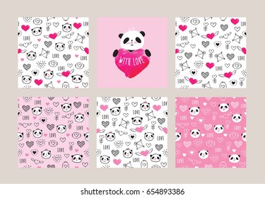 Set of greeting card and seamless patterns with pandas and hearts for textile, wallpapers, gift wrap and scrapbook. Elements for mother's day, father's day, Valentine's Day, birthday. Vector