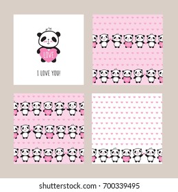 Set of Greeting card and seamless patterns with cute pandas and hearts. Wrapping paper for Valentine's Day, Mother's Day, birthday, wedding. Doodles, sketch. Vector.