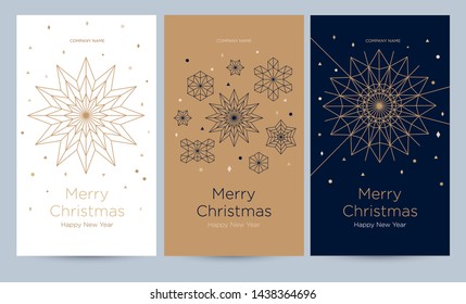 A set of greeting card with snowflakes and festive decor. Linear golden Christmas snowflake on a different background. New Year's design template with a window for text. Vector flat. Vertical format