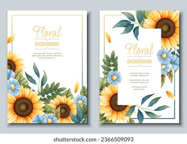 Set of greeting card template with sunflowers, blue daisies. Flyer, banner with autumn wildflowers. Design for wedding invitation and party.
