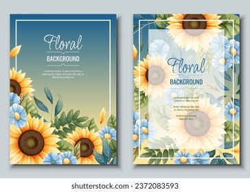 Set of greeting card template with sunflowers, blue daisies. Flyer, banner with autumn wildflowers. Design for wedding invitation and party.