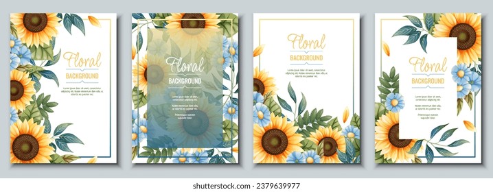 Set of greeting card template with sunflowers, blue daisies. Flyer, banner with autumn wildflowers. Design for wedding invitation and party.