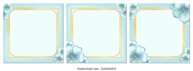 Set of Greeting card templates. Blue abstract floral element for design, blue linen flowers. Vintage graphic vector design. Birthday card, banner, invitation