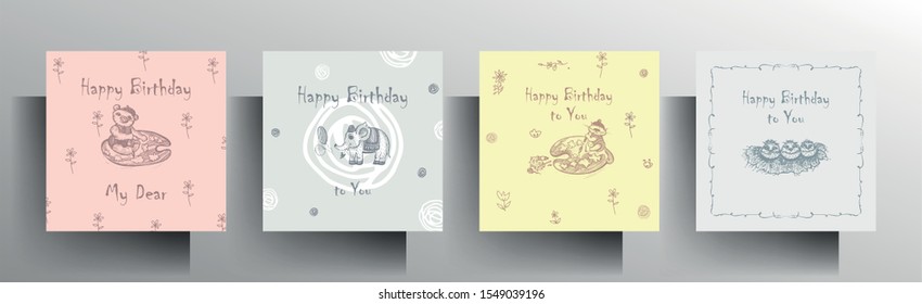 Set of greeting card templates. Design in pastel colors with a hand-drawn character. Vector 10 EPS.