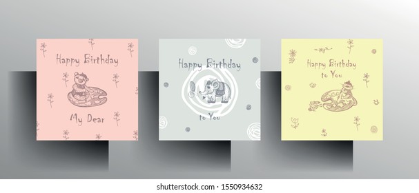 Set of greeting card templates. Design in pastel colors with a hand-drawn character. Vector 10 EPS.