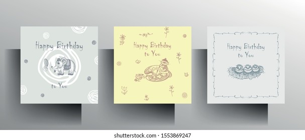 Set of greeting card templates. Design in pastel colors with a hand-drawn character. Vector 10 EPS.