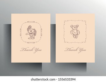 Set of greeting card templates. Design in pastel colors with a hand-drawn character. Vector 10 EPS.