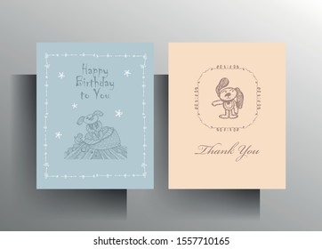Set of greeting card templates. Design in pastel colors with a hand-drawn character. Vector 10 EPS.
