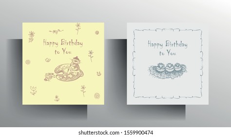 Set of greeting card templates. Design in pastel colors with a hand-drawn character. Vector 10 EPS.