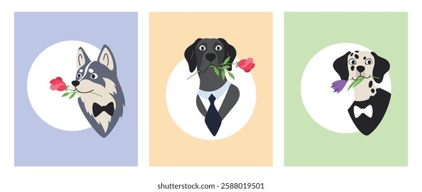 Set of greeting card templates with dog heads and flowers. Vector flat line illustration