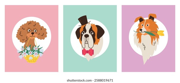 Set of greeting card templates with dog heads of different breeds and flowers. Vector flat linear illustration