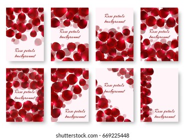 A set of greeting card templates with flying rose petals. Vector backgrounds with a floral pattern.