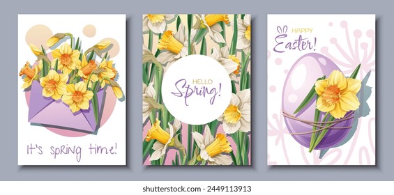 Set of greeting card templates with spring flowers for Easter. Poster, banner with daffodils in an envelope, with an Easter egg. Hello spring! Vector illustration of delicate flowers in cartoon style
