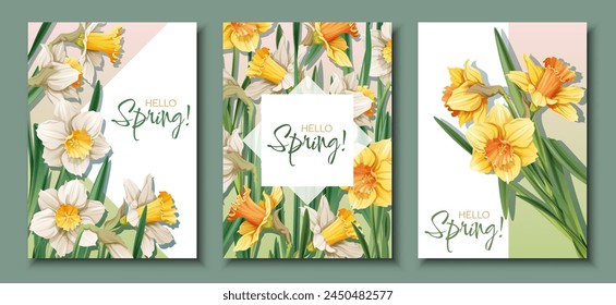 Set of Greeting card templates with spring flowers. Banner, poster with daffodils. Easter illustration of delicate flowers in cartoon style for card, invitation, background, etc.